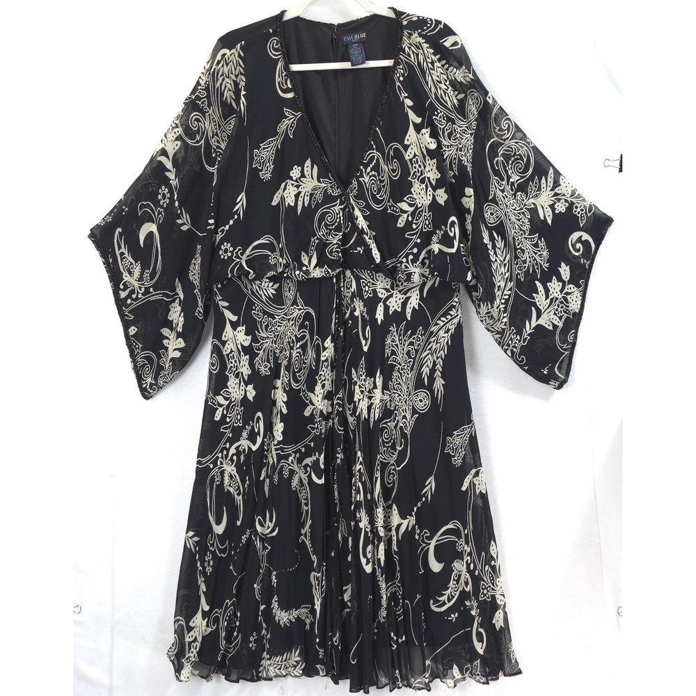 Eva Blue Plus Midi Dress Beaded Paisley Black Womens 24W Boho Whimsygoth Flowy